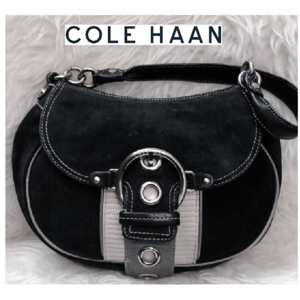 Cole Haan Tyler Suede & Leather Bold Buckle Front Hobo Bag